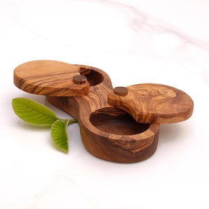 Infinity Shape Salt and Pepper Box – Large Olive Wood Dual Container with Swivel Lids – Handmade Spice Cellar