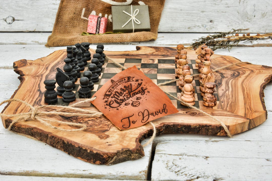 Monogrammed Olive Wood Chess Set: Rustic Handmade Board, Custom ...