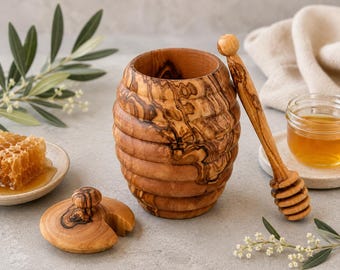Olive Wood Honey Pot with Dipper, Wooden Honey Jar with Lid, Rustic Honey Keeper, Beehive Honey Pot, Farmhouse Kitchen Gift