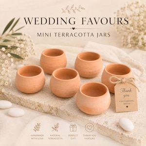 Op de afbeelding: Zes kleine terracotta potjes, perfect voor huwelijksbedankjes, staan op een stenen ondergrond. Elk potje heeft een warme, aardse tint. Een label leest "Thank you for celebrating with us."