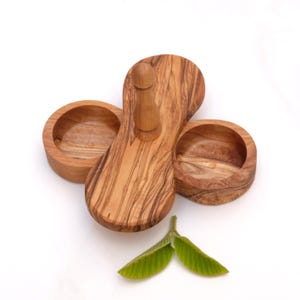 Olive Wood Salt and Pepper Container with Rotating Lid – Double Spice Cellar with 360 Degree Swivel Top