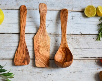 Small Utensil Set : 1 Spatula, 1 Ladle, 1 Tart spatula, Olive Wood Kitchen Utensils