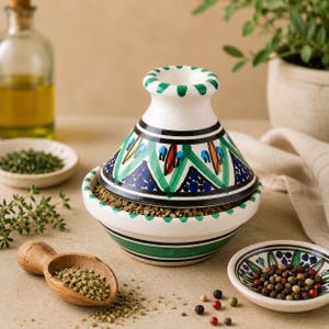 May include: A ceramic tagine with a conical lid featuring hand-painted green, blue, and red geometric patterns on a white base. The base bowl is filled with dried herbs, and the exterior is decorated with horizontal green and black painted stripes.