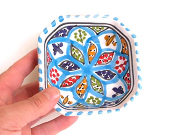 Hand Painted Ceramic Bowl 11cm - Sky Blue Berber Pottery - Small Dipping Bowl - Unique Jewellery Dish - Colourful Tapas Dish - Boho Decor