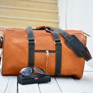 Leather Travel Bag, Light Brown Leather Duffel Bag with Black Strap, Vintage Look Style Weekend Bag, Personalized Engraved gift Bag.