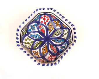 Hand Painted Ceramic Bowl 11cm - Blue Berber Style Pottery - Small Dipping Bowl - Unique Jewellery Dish - Colourful Tapas Dish - Boho Decor