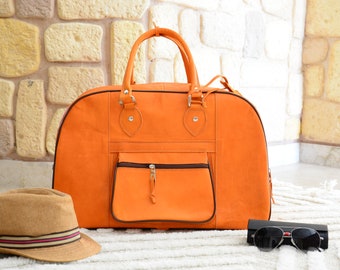 Orange Leather Duffle Travel Bag for Women / Weekender Overnight Luggage Leather Handbag / Bridesmaid Gift