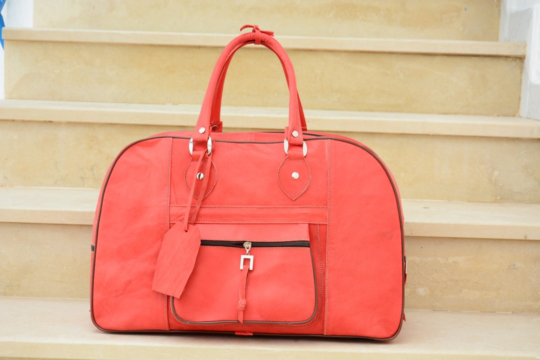Red Leather Travel Bag for Women / Weekender Overnight Duffel Luggage