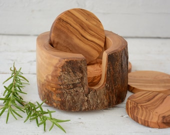 Handgemaakte olijfhouten onderzetters, natuurlijke randen, rustieke houder (6 stuks, diameter 7,6 cm)