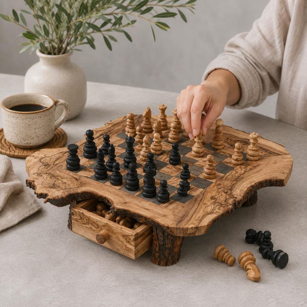 Juego de ajedrez personalizado de madera de olivo con cajón de almacenamiento, tablero de ajedrez con borde natural, regalo personalizado grabado para él, regalo de aniversario.