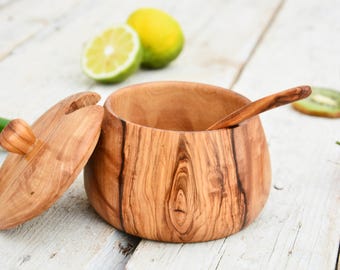 Hand-Carved Olive Wood Sugar Bowl with Spoon – Rustic Kitchen Storage Container
