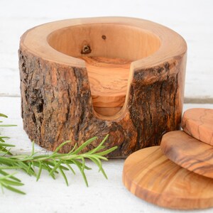 Rustic Olive Wood Coaster Set with Natural Edge Holder