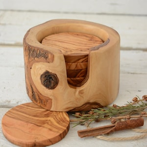 Handmade Olive Wood Coaster Set with Rustic Holder