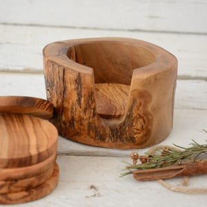 Handmade Olive Wood Coaster Set with Rustic Holder