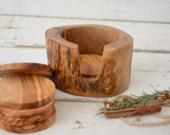 Olijfhouten onderzetterset met rustieke houder, natuurlijk nerf, handgemaakt servies (6 stuks, 3 inch)