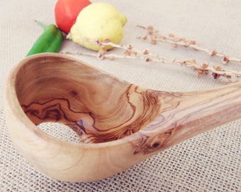 Special Unique Hand Carved Olive Wood Ladle with Hole / Wooden Kitchen Cooking Serving 10.5-Inch Soup Ladle Spoon Utensil / Christmas Gift