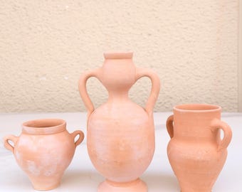 Handcrafted Terracotta Jar Set: Tunisian Moroccan Berber Style, Rustic Ear Handles (3 Sizes)
