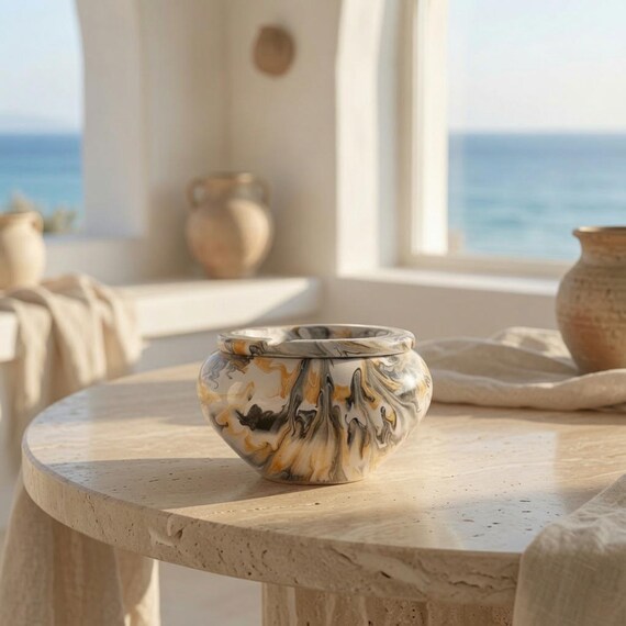 Berber Design Ceramic Ashtray – Tunisian Marble Pattern Pottery Table Decor