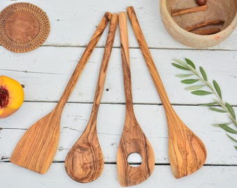 Handcrafted Tunisian Olive Wood Utensils Set: Smooth Finish Kitchen Tools