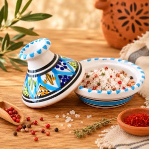 Mini Tagine-kryddskål i keramik med lock | Handgjord tunisisk saltkar | Marockansk kryddskål | Köksdekorationspresent