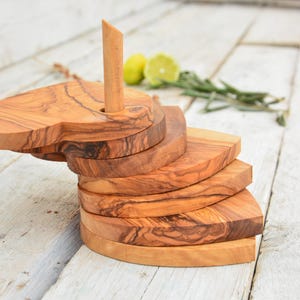 Olive Wood Heart Coaster Set: Rustic Tunisian Wood Coasters