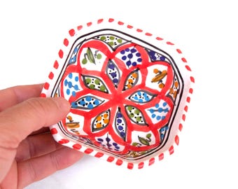 Hand Painted Ceramic Bowl 11cm - Red Berber Style Pottery - Small Dipping Bowl - Unique Jewellery Dish - Colourful Tapas Dish