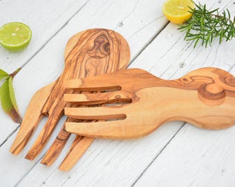 Hand-Carved Olive Wood Salad Tongs: Hand Shape Rustic Kitchen Utensils (8.5 Inch Set)