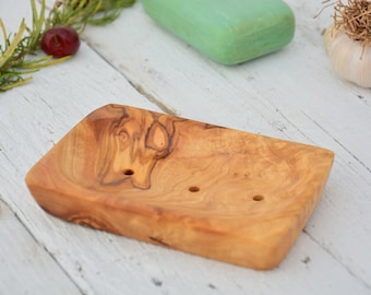 Olive Wood Soap Dish, Carved Grooved Holder (4.8x3.2 Inches)