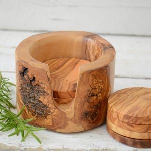 Hand Carved Olive Wood Coaster Set with Rustic Holder