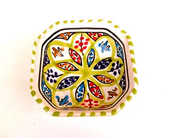 Hand Painted Ceramic Bowl 11cm - Vibrant Small Pottery Dipping Bowl - Boho Kitchen Decor - Unique Jewellery Dish - Colourful Tapas Bowl Gift