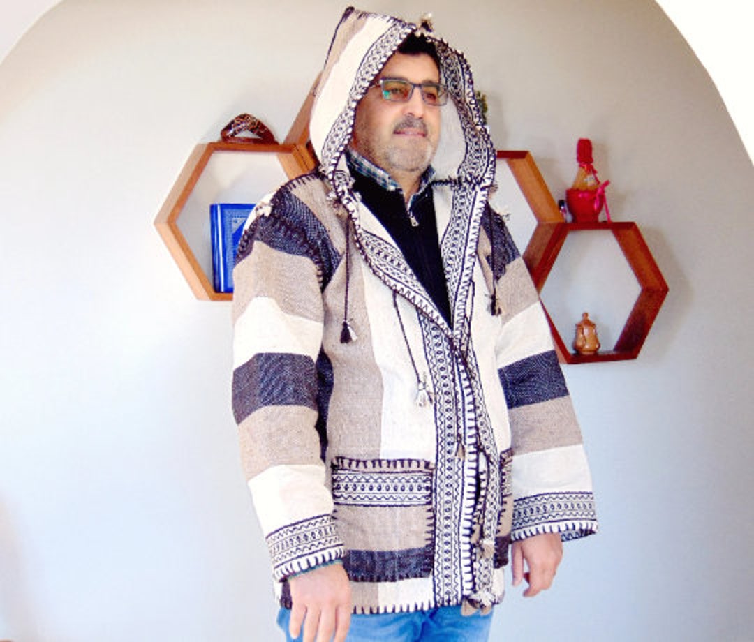 XL Mens Brown & Beige Wool Coat Bohemian Hoodie Berber Winter - Etsy