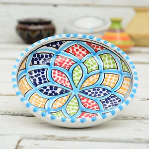 Può includere: Una piccola ciotola in ceramica bianca con un design geometrico colorato. La ciotola è decorata con punti e linee blu, verdi, gialli, arancioni e rossi.