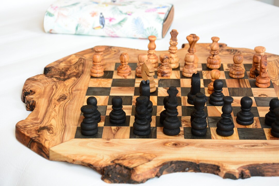 Rustic Chess Roll Hand-carved Olive Wood Chess Board Set: Rustic Game, Personalized ...