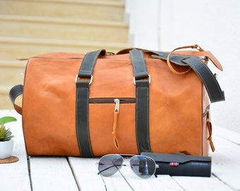 Leather Travel Bag, Light Brown Leather Duffel Bag with Black Strap, Vintage Look Style Weekend Bag, Personalized Engraved gift Bag.