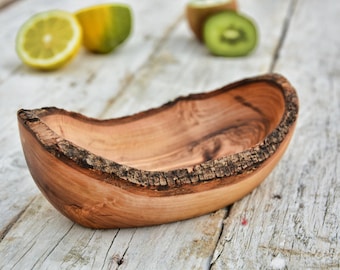 Ciotola rustica in legno d'ulivo: ciotola in corteccia a forma di barca, intagliata a mano - Legno naturale, per servire in cucina, pezzo unico fatto a mano