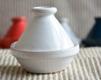 White Handpainted Ceramic Tagine – Moroccan Spice Holder, Minimalist Kitchen Decor