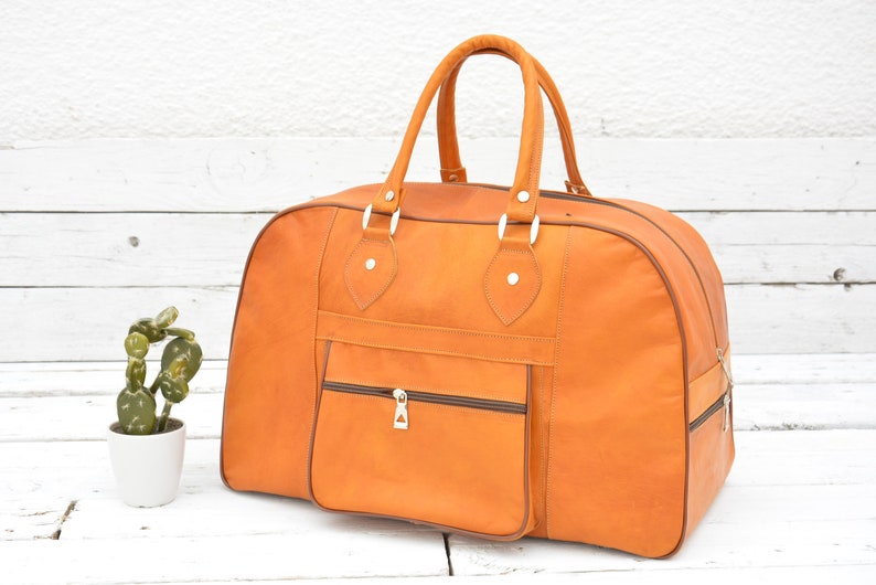 Camel Leather Travel Bag for Men & Women / Weekender Overnight Duffel Luggage Leather Handbag, Holiday Gift image 1