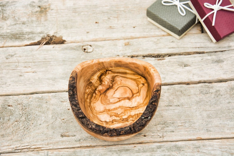 Olive Wooden Rustic Kitchen Table Rounded Bowl, Rustic Wedding Table Decor Gift / Natural Wood Bark Bowl image 5