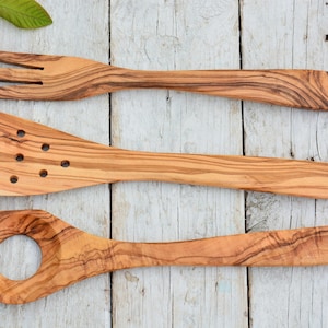 Olive Wood Kitchen Utensil Set: Cooking Spoons, Fork, Spatula (12 inch)