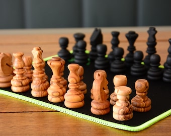 Olive Wood Chess Pieces: Hand-Carved Rustic Set, Tunisian Craftsmanship