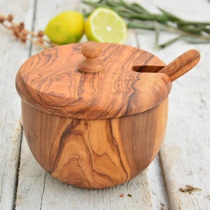 Carved Olive Wood Sugar Bowl Keeper: Rustic Kitchen Decor with Spoon image 5