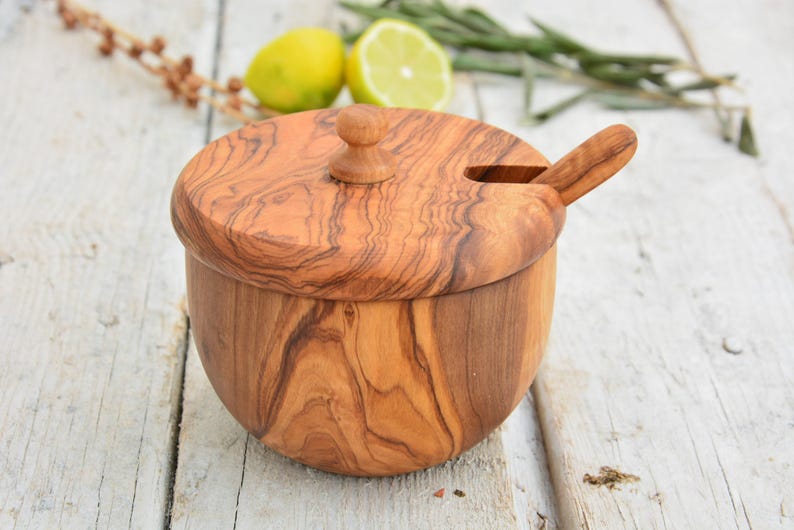 Carved Olive Wood Sugar Bowl Keeper: Rustic Kitchen Decor with Spoon image 5