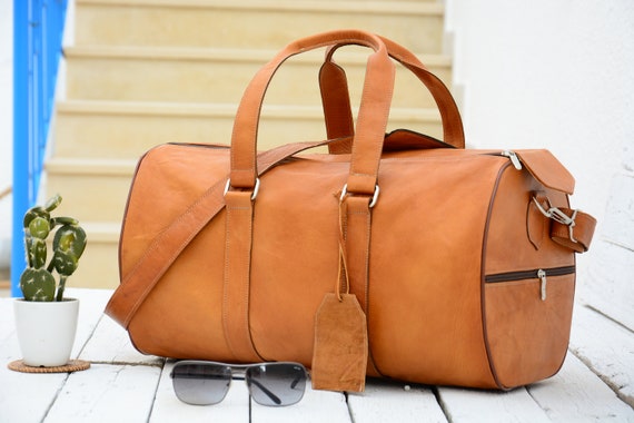 Camel leather top duffle bag