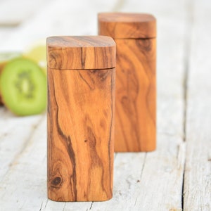 olive wood rustic kitchen storage box salt pepper keeper shakers