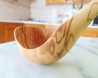 Olive Wood Ladle – Rustic Soup Spoon, Curved Bowl Kitchen Serving Tool