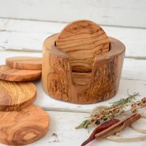 Handcarved Olive Wood Coaster Set with Rustic Holder