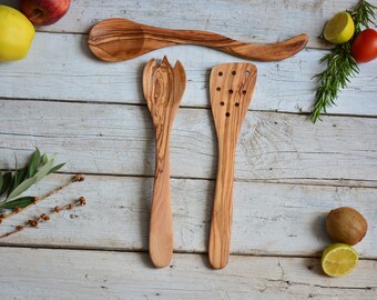 12 inch Kitchen Cooking Utensils, 1 Pierced Spatula, 1 Spoon, 1 Spork, Wooden Utensil Set, Wedding Gift