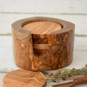 Handmade Olive Wood Coaster Set with Rustic Holder