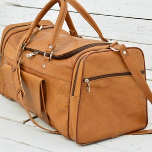 Handmade Leather Duffel Bag: Light Brown Travel Weekend Bag, Monogram Option