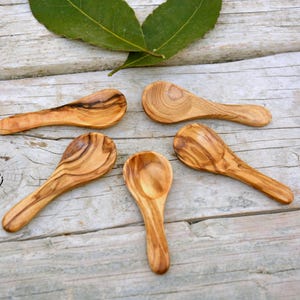 Olive Wood Tiny Spoons Set – 5 Handcrafted Coffee Sugar Spice Scoops